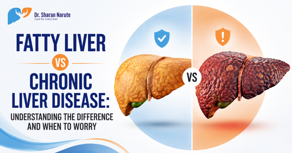 Featured blog image for "Fatty Liver vs Chronic Liver Disease: Understanding the Difference and When to Worry" featuring Dr. Sharan Narute's logo, a healthy and diseased liver illustration, and a clean medical-themed background highlighting liver health awareness.