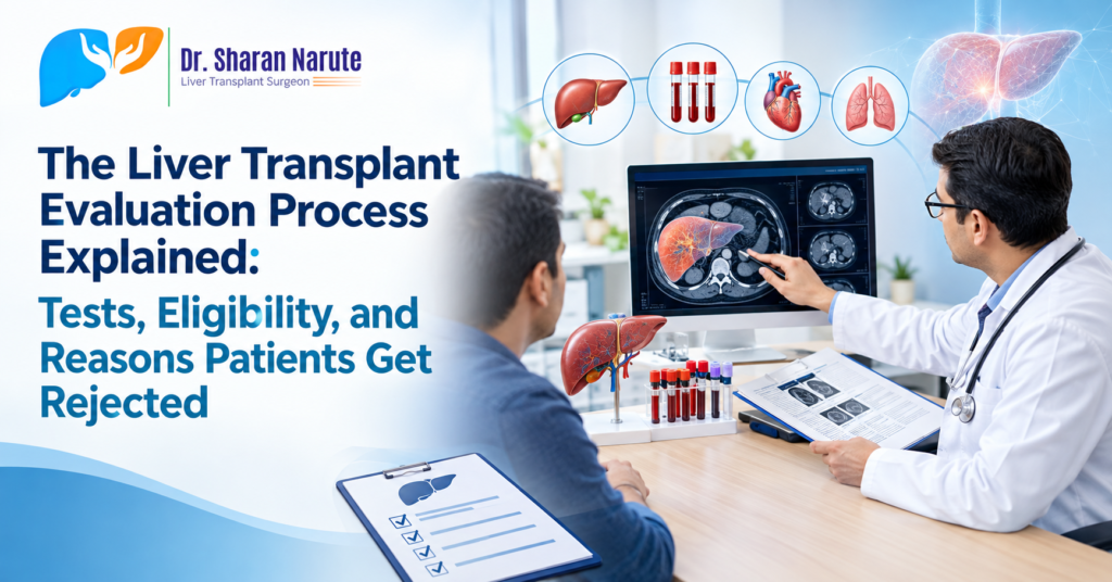 Doctor reviewing liver transplant evaluation reports with a patient, showing liver scans, blood tests, medical assessments, and eligibility considerations.