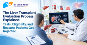 Doctor reviewing liver transplant evaluation reports with a patient, showing liver scans, blood tests, medical assessments, and eligibility considerations.